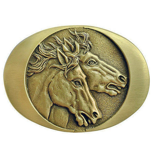 Horse Heads Brass Belt Buckle
